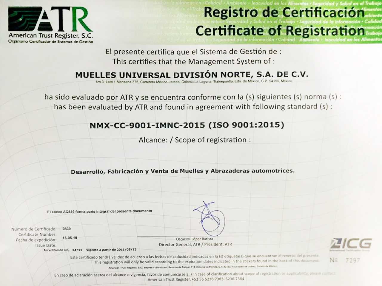 Certificado Muelles universal
